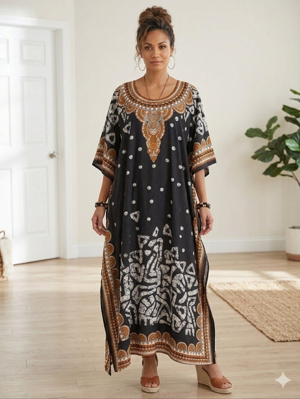 Black & Brown Printed Maxi Kaftan‎ Dress